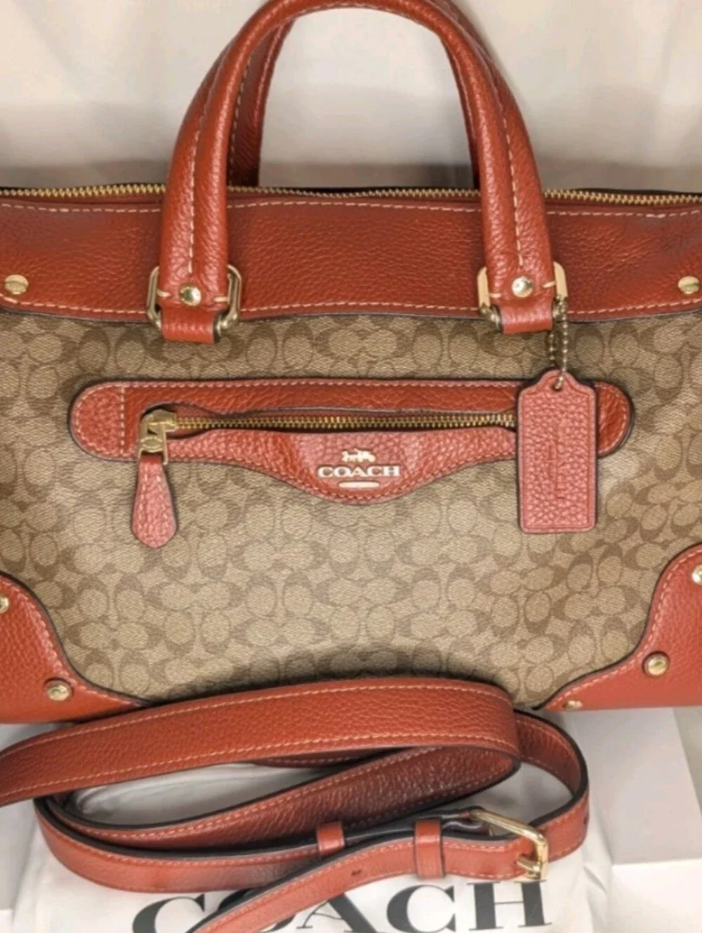COACH MILLIE KHAKI TERRACOTTA Leather Satchel Bag STUNNING